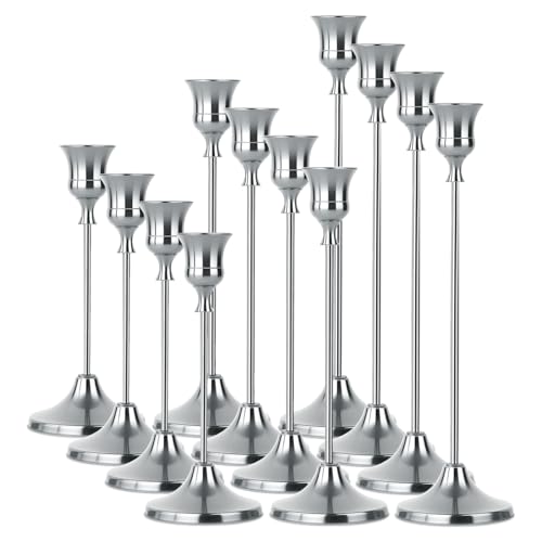 4 Sets(12 Pcs) Silver Tapered Candle Holder,Candlestick Tall Metal Candlestick Holders for Table Centerpiece Home Decor for Wedding Fireplace Mantel Housewarming Gift Fits 3/4 Inch Thick Candles - color: Silver