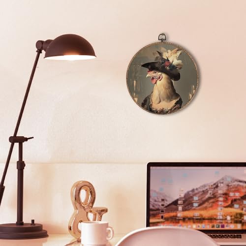Hxlac Whimsical Chicken Round Wall Art Framed, Dark Moody Rooster Round Wall Decor, Rustic Farm Animal Chicken Hanging Canvas Prints Wall Sculptures for Kitchen Bedroom Living Room Decor, 10x10 Inch - color: chicken