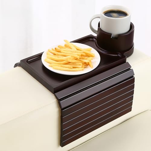 SINWANT Couch Cup Holder Tray, 2 in 1 Bamboo Couch Armrest Table Clip on Sofa Armrest Table,Foldable Anti Silp Arm Rest Side Tray for Drink Coffee Mug, Snacks, Remote - color: Black Walnut