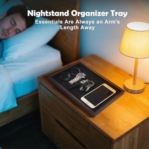 Zosenley Wooden Valet Tray with Leather Base - Nightstand Catchall Organizer for Cologne, Perfume, Keys, Wallet, Phone, Watch, Jewelry & Sunglasses (2Pcs Black) - color: 2Pcs Black