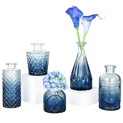 TBWIND Glass Bud Vase Set of 5, Small Blue Flower Vases for Centerpieces in Bulk, Mini Vintage Vase for Wedding Decor, Single Flowers, and Home Table Décor - color: 5pcs-blue