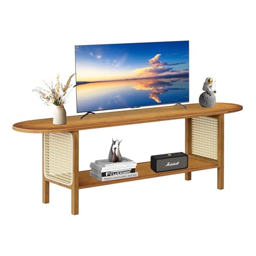 Bamboo TV Stand for TVs up to 65", Accent Entertainment Center with Storage, Media Console Table with Rattan, Modern TV Stand for Living Room, Bedroom, 55"(L), Walnut - color: Walnut Rattan