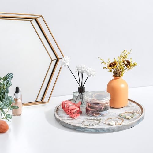 12 Inch Wood Round Tray, White Washed Wooden Decorative Serving Coffee Table Tray Centerpiece Candle Holder for Farmhouse Kitchen Dining Room Home Decor Coffee Table Decor and Accessories - color: White Washed, size: 12"