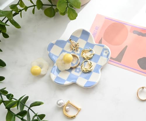 Teen Girls Gifts Trendy Stuff Aesthetic Room Decor Bedroom Decor Aesthetic Preppy Room Decor Aesthetic Stuff Checkered Jewelry Tray, Blue - style: Blue Checkered and Flower