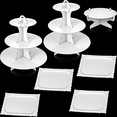 Zopeal 7 Pcs Dessert Table Display Set 3-Tier Cupcake Stand 1-Tier Cup Cake Display Tower Platters and Serving Trays Cardboard Cake Cookie Holders for Wedding Birthday Party Baby Shower(White) - color: White