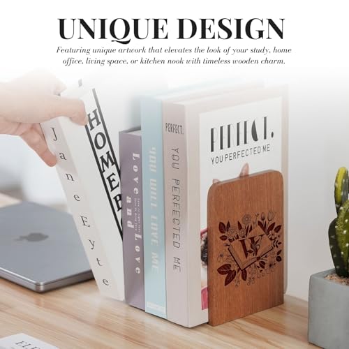 Wood Bookends, Book Ends for Shelves with Decorative Alphabet A and Z Design - Heavy Duty Iron & Ebony Wood Book Ends for Shelves Bookcase Desk - 1 Pair - W - color: W