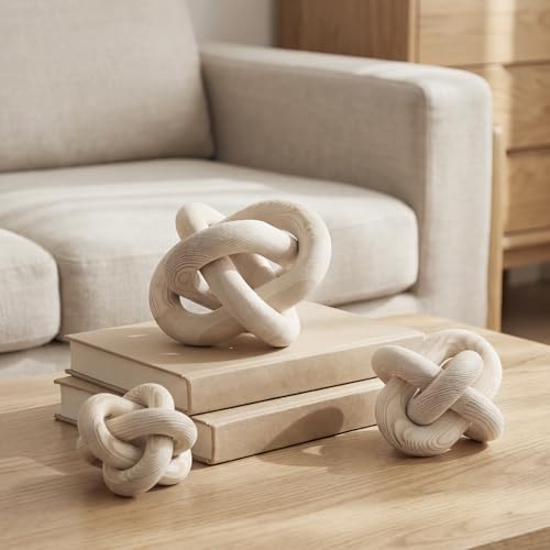 3 Pack Wooden Knot Decorations 3 Color Set Coordinated Boho Nautical Home Decor for Shelf, Wall, Tabletop, Sizes 3.94", 4.72", 5.91" (Nature) - color: Nature