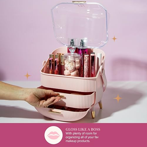 Paris Hilton Makeup Storage Organizer with Lid, Cosmetics and Skincare Organizer for Vanity, Portable Makeup Storage Box for Countertop, Fluted Design with Gold Accents, Pink - style: Organizer Box