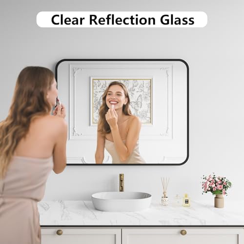 Koonmi Bathroom Mirror, 32X40 Brushed Black Metal Framed Wall-Mounted Mirror for Over Sink, HD Tempered Glass, Anti-Rust, Rounded Rectangle Mirror for Restroom, Bedroom, Hangs Horizontal or Vertical - color: Rounded Edged, size: 40"L x 32"W