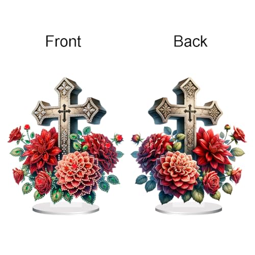 5D Tabletop Diamond Art Kit Cross Flower, Stand Up Special Shaped Crystal Diamond Art Desktop Kits for Adults, DIY Diamond Art Painting Kits Craft Gift (Red) - color: Cross Red Flower