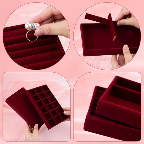 4 Pack Stackable Velvet Jewelry Trays Organizer Drawer Inserts Container Display Storage Box for Necklaces Bracelets (Red)
