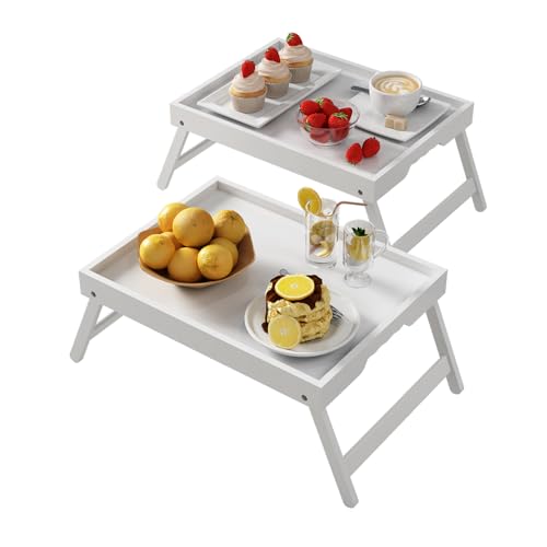 Youpehom Bed Tray Table with Folding Legs,Bamboo Breakfast in Bed for Kitchen Serving Tray,Sofa,Eating,Used As Laptop Desk Snack Tray 2 Pack (White) - color: White-2 Pack, size: Medium