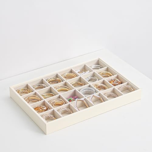 Stackable Jewelry Organizer Tray For Drawers,White Leather Small Earring Storage Tray,Bracelet And Necklace Display Box,Jewelry Ring Display Case (Creamy White 24 Grids) - style: Creamy White 24 Grids