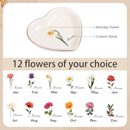 Personalized Birthday Flower Jewelry Tray - Custom Ring Holder Dish with Name for Women Mom Engraved Birth Month Flower Jewelry Tray Gifts for Wife Her Christmas Birthday Anniversary - color: Style 1