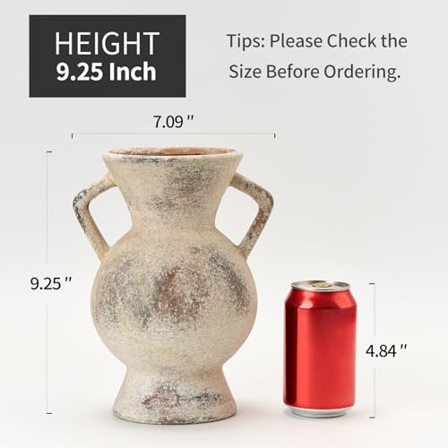 LUKA Antique Ceramic Vase with 2 Handle,9.25 inches Rustic Vase Minimalist Decor, Decorative Vases for Home Decor, Table, Living Room, Shelf, Christmas Decoration(Large,Gray) - color: L-gray(9.25 In)