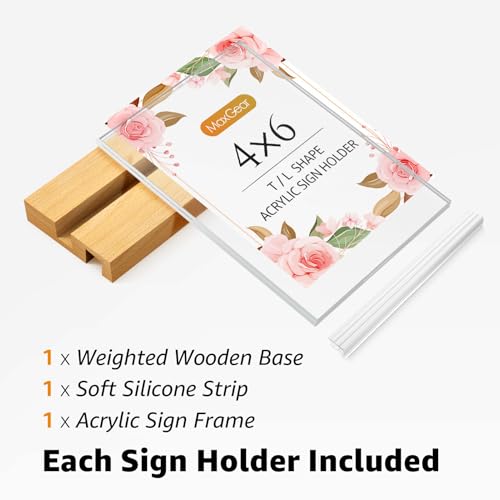 MaxGear L/T Shape Acrylic Sign Holder, 4 X 6 Clear Table Display Stand with Wooden Base, Flyer Menu Holder Photo Frames Paper Stand for Office, Wedding, Restaurants, Hotels 3 Pack - size: 4''x6'', style: 3 Pack