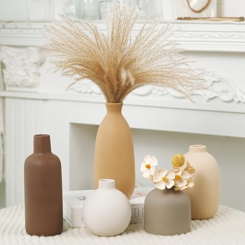 Modern Ceramic Vase Set of 5, Vases Home Decor Rustic Farmhouse Decorative Vase Pottery Vases for Bouquet Pampas Grass Dried Fresh Flowers, Table Living Room Kitchen Bedroom - color: 5 Pack-soft Tones