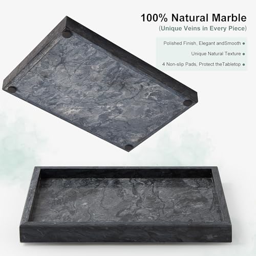 Large Marble Vanity Tray, Luxury Stone Organizer for Bathroom & Kitchen Counter | Holds Soap Dispenser, Jewelry, Perfume Bottles | Non-Resin, Non-Ceramic Décor - color: Black, size: 11.8" x 7.8" x 1.2"