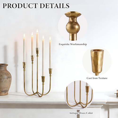 Cast Iron Candelabra 5-Taper Candle Holders, Candlestick Holders Tabletop Candles Stand, Decorative Table Centerpieces Mantel Decor, Antique Brass - color: 5-arm With Beads