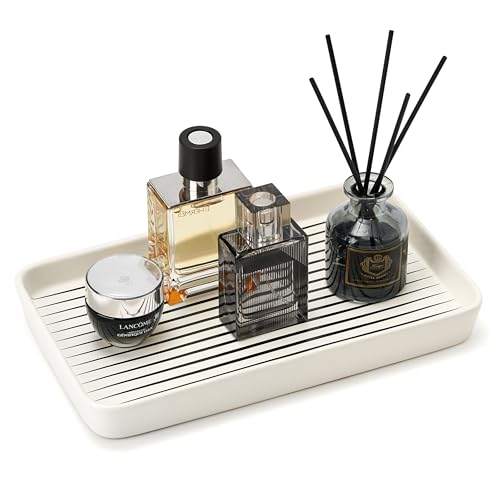 10"×6"×1" White Bathroom Vanity Tray for Countertop- Ceramic Decorative Organizer Tray for Dresser Tops, Toilet, Perfume, Sponge Holder Soap Dish Dispenser for Kitchen Counter- Black Stripes - color: White Color With Black Stripes-1 Pc