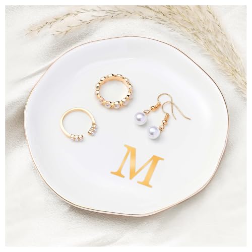 ProCase Ceramic Jewelry Tray, Initial Ring Dish Trinket Plate Engagement Gift, Small Personalized Monogram Ring Bowl for Wedding, White Decorative Jewelry Holder for Women Vanity -Letter M - style: M