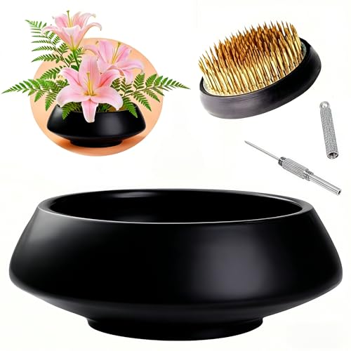 Ceramic Flower Pot Flower Arrangement Set Japanese Ikebana Floral Art Supplies Handmade Flower Bowl Decorative Flower Vase for Centerpieces (Large Black) - color: Large Black