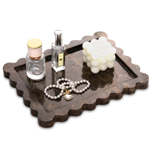 Scalloped Marble Decorative Tray,Luxury Natural Stone Bathroom Vanity Tray, Dresser Top Perfume Coffee Home Kitchen Toilet Sink Tray, Key Trinket Ring (Light Emperador, 10.8 * 8) - color: Light Emperador, size: 10.8" x 8" x 1.2"
