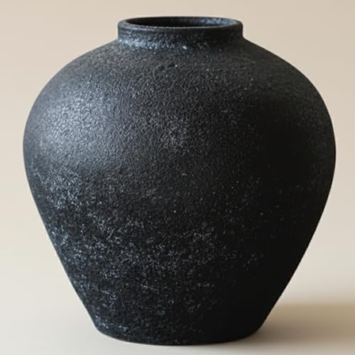 Handmade Large Rustic Ceramic Vase 10.6 inches Tall, Farmhouse Stone Decor, Big Black Round Vase Living Room Home Decor, Earthy Textured Large Vases for Centerpieces Console Table - color: Black