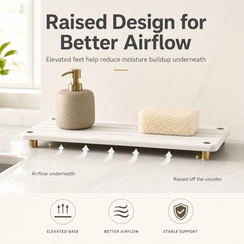 Razborci Instant Dry Sink Caddy Kitchen Sink Organizer, Quick Drying Stone Tray Diatomite Sponge Holder Soap Dish, Bathroom Countertop Fast Dry Water Absorbing Vanity Rack, Gold White, 12" x 5" - color: 1. Gold - White, size: 12" x 5" x 1"