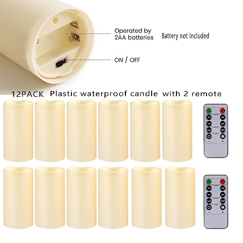 12PACK Waterproof Flameless Candles with Remote Control Candle, Battery Operated Flickering LED Pillar Candle Plastic,Large Size(D3 x H5.5) for Outdoor/Indoor Decoration Wedding, Party, Birthday - color: H05# Ivory 12pack Waterproof