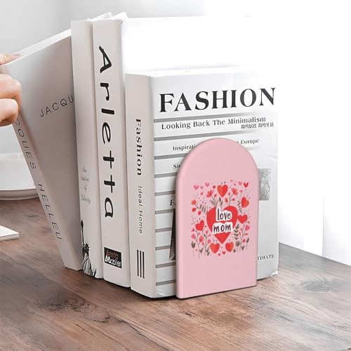 Love Mom Red Flower L-Shaped Book Ends 1 Pair Wood Bookends Book End Supports for Heavy Book Shelf Holder Home Decorative - color: Love Mom Red Flower