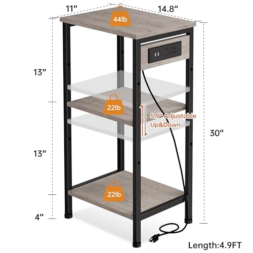Asgolion Tall End Table with Charging Station, 3 Tier Narrow Beside Table with Adjustable Shelf, Tall Side Table Nightstand for Bedroom, Living Room Coffe Table, Office, Greige - color: Greige, style: With Outlet