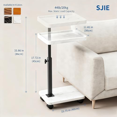 C Table End Table Adjustable Height, 360°Swivel TV Tray Table for Small Spaces, Side Tables with Wheels for Living Room and Bedroom, Bed (White) - color: White-height Adjustable