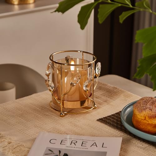 Hurricane Candle Holder, Gold Pillar with Crystal Accents & Windproof Glass Lid - Elegant Centerpiece for Weddings, Dinners, Party Decor - size: Large