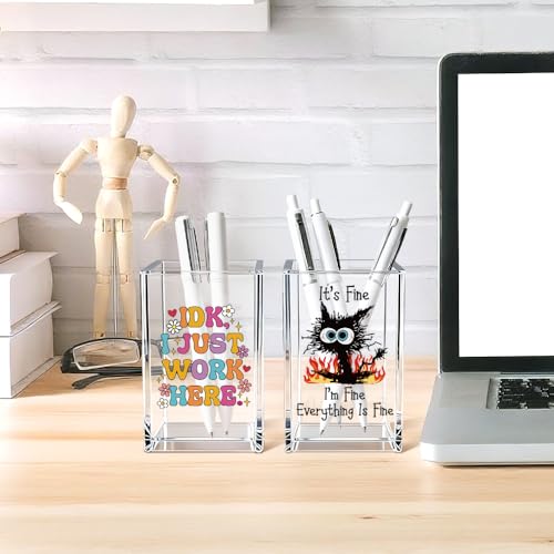 Funny Black Cat Work 2 Pack Acrylic Cosmetic Pencil Pen Holder Cup, Cute Office Pen Holder for Desk, Funny Work Burnout Gifts for Coworker Friend, Office Sarcastic Gifts for Women Colleague Boss - style: Work Fine 2