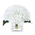 Silk Hydrangea Artificial Flowers in Vase with Faux Water, Silk Flower Arrangements in Vase for Wedding, Dining Table, Living Room (White) - color: White