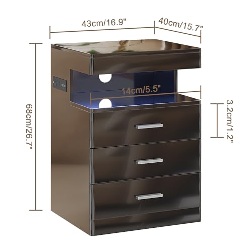 Treocho Led Nightstand with Hidden Space, Modern Night Stand with Charging Station, 3 Drawer Smart Nightstand with Glossy Finish, Tall Bedside Table with RGB Lights for Bedroom, Black - color: Black