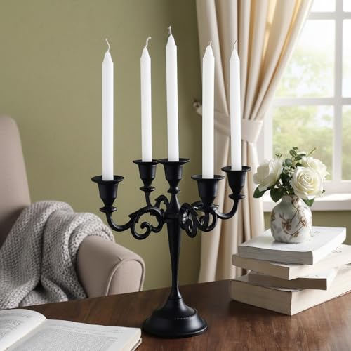 Rely+ 5 Arm Matte Black Candelabra Taper Candle Holders Decorations Indoor Kitchen Décor Table Candles Candlestick Candelabra Centerpiece Gothic Home Decor Wedding 10 Inch Tall - color: Black Matte, size: 5 Arm