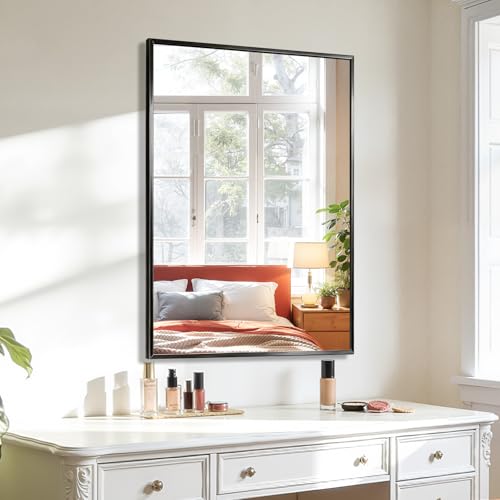 Koonmi Bathroom Mirror for Wall, 24"x36" Black Bathroom Mirror for Over Sink, Shatterproof Tempered Glass Vanity Mirror with Anti-Rust Aluminum Alloy Frame, Hang Horizontally or Vertically - color: Square Edged, size: 36"L x 24"W