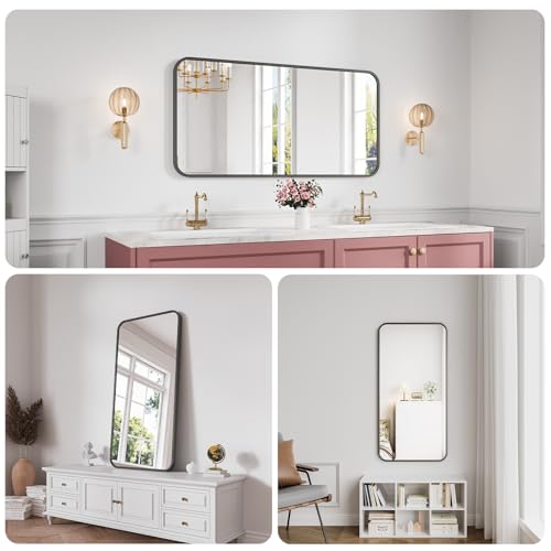Koonmi Bathroom Mirror, 24X48 Brushed Black Metal Framed Wall-Mounted Mirror for Over Sink, HD Tempered Glass, Anti-Rust, Rounded Rectangle Mirror for Restroom, Bedroom, Hangs Horizontal or Vertical - color: Rounded Edged, size: 48"L x 24"W