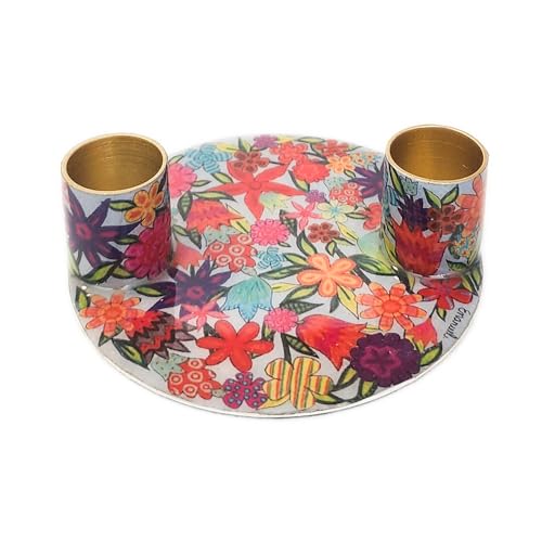 Yair Emanuel Flat Plate Candle Holders for Shabbat 4 Inch Vibrant Pattern Design Modern Judaica Gift (CSE-2 Flowers) - color: Cse-2 Flowers