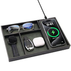 Valet Tray, Built in Wireless Charging Pad, Nightstand Organizer, Two-Toned Premium Vegan Leather Desk Bedside Caddy Organizer Tray for Keys, Watch, Wallet, Jewelry (Black+Green) - color: Black+Green