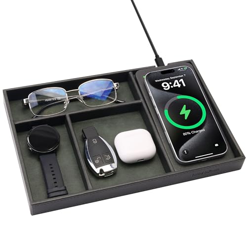 Valet Tray, Built in Wireless Charging Pad, Nightstand Organizer, Two-Toned Premium Vegan Leather Desk Bedside Caddy Organizer Tray for Keys, Watch, Wallet, Jewelry (Black+Green) - color: Black+Green