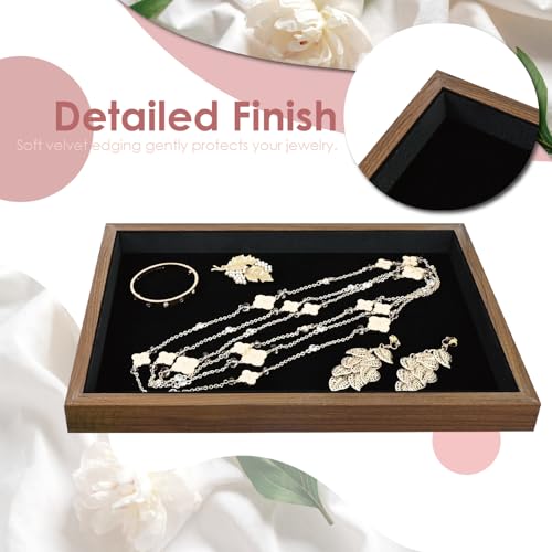 MOOCA 2 Pcs Wooden Jewelry Display Tray, Presentation Tray, Organizer for Rings, Necklaces, Earrings, and Accessories, Walnut Color with Black Suede, 14" W x 9.6" D x 1.2" H - color: 1 Compartment, Walnut/Black