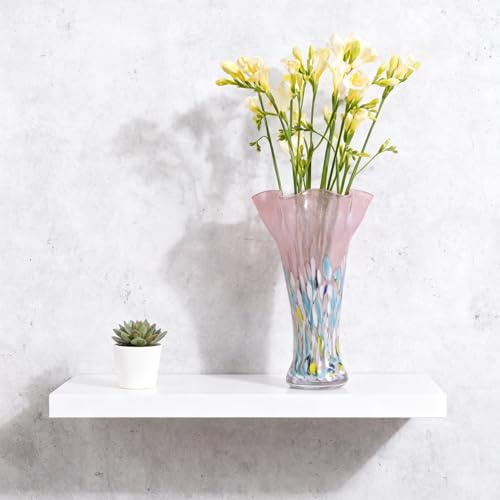 9.1H Murano Hand Blown Glass Vase, Ruffled Scalloped Rim Trumpet Shape, Wide Mouth Colorful Decorative Glass Vase, Sculptural Art Centerpiece for Living Room Table, Bathroom, Office Shelf (Blue-Pink) - color: Blue-pink