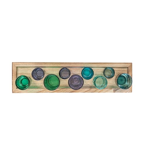 Creative Co-Op Wood Tray with 9 Blue & Green Glass Votive Holders - color: Blues