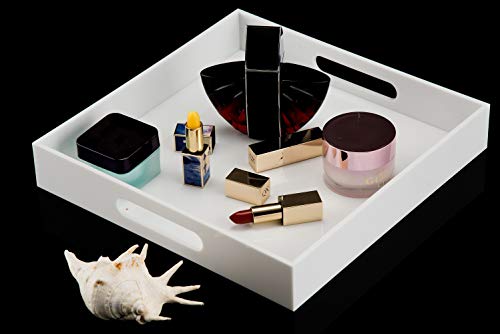 Glossy White Sturdy Acrylic Serving Tray with Handles-12x12Inch-Serving Coffee,Appetizer,Breakfast,Butler-Kitchen Countertop -Cosmetics Organizer-Vanity Table Tray-Ottoman Tray-Decorative - color: Glossy White, size: 12" x 12" x 2"