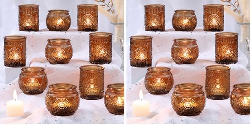 DARJEN 12Pcs Amber Votive Candle Holders - Vintage Glass Candle Holders for Flameless LED Tea Waxes, Tealight Candle Holder for Wedding & Home Table Decor, Vintage Parties (Pack of 2) - color: Amber, size: 12 PCS (Pack of 2)