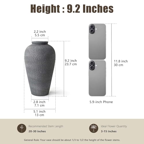 Black Ceramic Vase 9.2 inch, Large Farmhouse Table Vases, Tall Rustic Decorative Vases for Home Decor, Living Room Coffee Dining Shelf Mantel Decoration, Gray Black - color: Farmhouse Black-9.2"