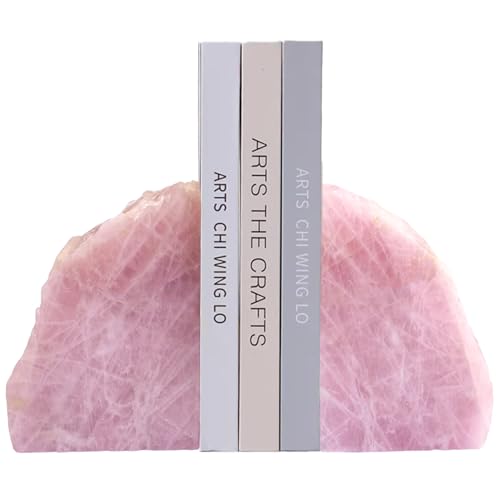 Heavy Duty Rose Quartz Bookends - Decorative Stone Book Ends 5-6 Lbs, for Office Home Decor, Large Book Holder Gift (1 Pair, 4-6.5" Height with Non-Slip Bumpers) - size: 5-6LBS
